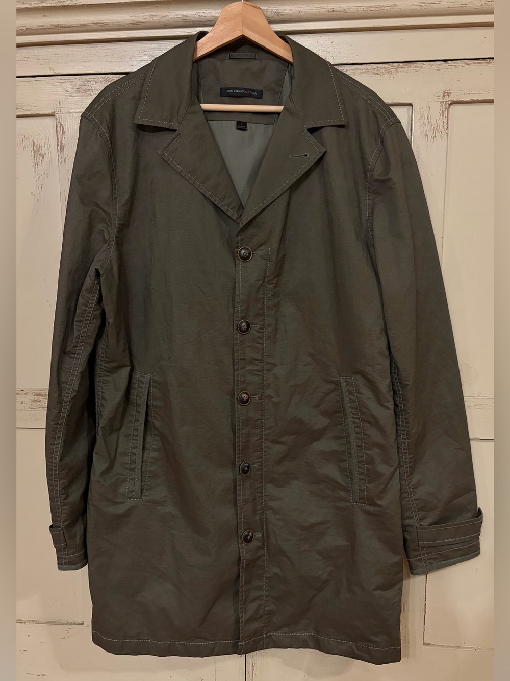 John Varvatos Designer Waxed Olive Green Military Utility Jacket Linen/Cotton Lg